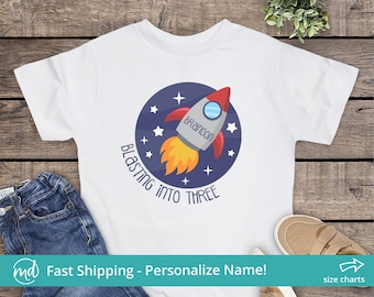 Blasting Into 3 Birthday Tee, Rocket Ship Birthday Shirt, Personalized 3rd Birthday Shirt, Space Birthday Shirt, Third Birthday Shirt Boy