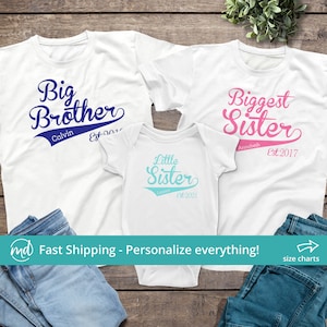 Personalized Set of Three Sibling Shirts, Biggest Brother Big Sister Little Sister, You Pick the Text, Name, Color, & Year!
