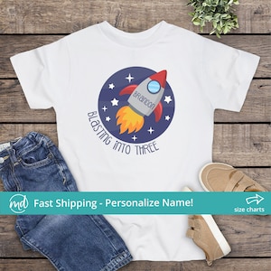Blasting Into 3 Birthday Tee, Rocket Ship Birthday Shirt, Personalized 3rd Birthday Shirt, Space Birthday Shirt, Third Birthday Shirt Boy