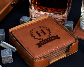 Leather Coaster Set With Holder, Leatherette Coasters, Whiskey Gifts For Men, Custom Engraved Coasters, Dad Gift Personalized Coasters Set