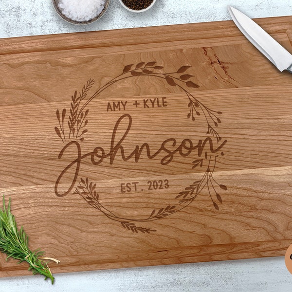 Established Cutting Board, Last Name Cutting Board, Personalized Wedding Gift For Couple, Custom Cutting Board With Wreath, Gift For Bride