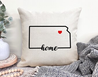 Kansas Home Decor, Home Coordinates Pillow, Home Sweet Home Pillow Coordinates, Kansas Housewarming Gift, Kansas Map, Heart Home Decor