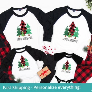 Christmas Tree Pajamas, Family Christmas Pajamas Personalized Custom Family Christmas Shirt, Matching Family Christmas PJs, Buffalo Plaid