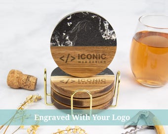 Custom Logo Coasters with Holder, Marble and Wood Coasters Personalized Logo Gift, Corporate Logo Coasters Set, Business Logo Client Gift