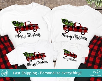 Merry Christmas Pajamas, Buffalo Plaid Christmas Pajamas Family Shirts, Christmas Pajamas Family Plaid, Christmas Pajamas Truck