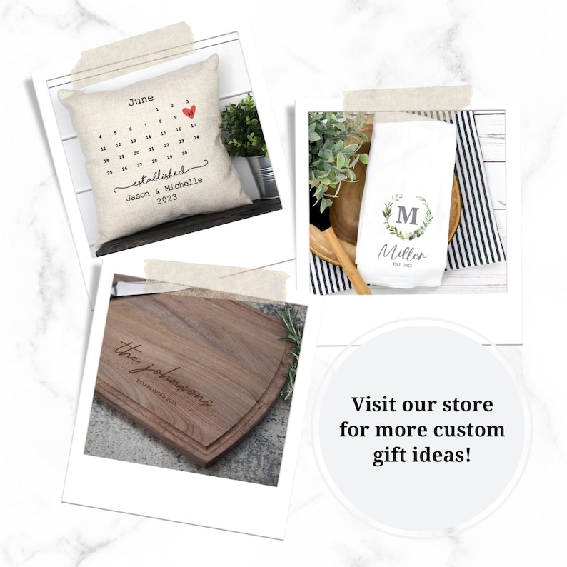 May include: Three personalized gifts: a pillow with a calendar design and the text "established Jason & Michelle 2023", a kitchen towel with a wreath and the text "M Miller est. 2023", and a wooden cutting board with the text "the johnsons established 2023".