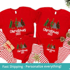 Christmas 2022 Pajamas, Family Christmas Pajamas Set Personalized 2022, Holiday Pajamas Kids For Christmas Tree Photos, Red Striped Pants image 1