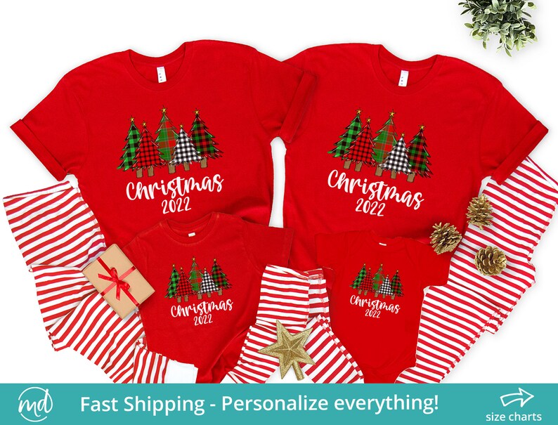 Christmas 2022 Pajamas, Family Christmas Pajamas Set Personalized 2022, Holiday Pajamas Kids For Christmas Tree Photos, Red Striped Pants image 1