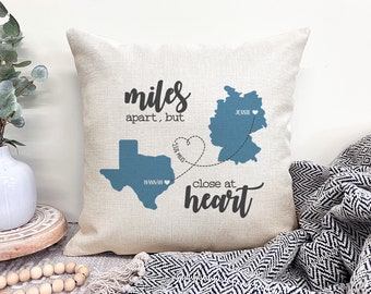 Miles Apart But Close At Heart Pillow, Personalized Long Distance Pillow, Custom Throw Pillow, Moving Gift for Friend, Long Distance Gift