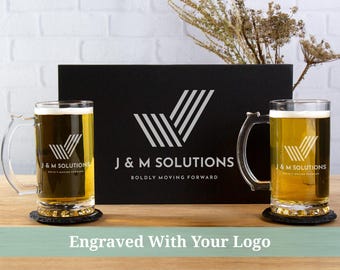Logo Beer Mugs with Gift Box, Etched Beer Stein Gift Set, Custom Logo Beer Glasses, Corporate Gifts for Clients, Company Christmas Gifts