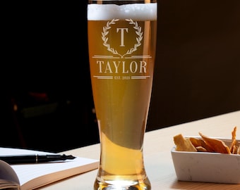Pilsner Beer Glass Personalized, Custom Beer Glasses, Etched Beer Mug, Husband Anniversary Gift Custom Pint Glass, Monogram Gifts for Him