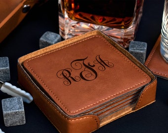 Monogram Coasters Set, Monogrammed Coasters Personalized Gifts For Him, Leather Engraved Coasters, Faux Leather Coaster Set With Holder