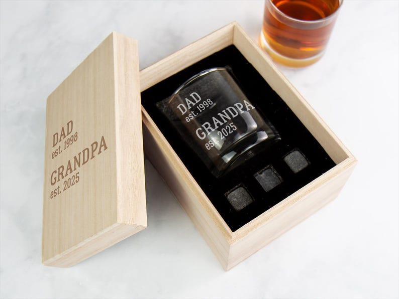 Grandpa Gift Personalized Whiskey Glass, Pregnancy Reveal Grandparents Pregnancy Announcement, Whiskey Gift Set, Gift For Grandpa Est 2026 image 1