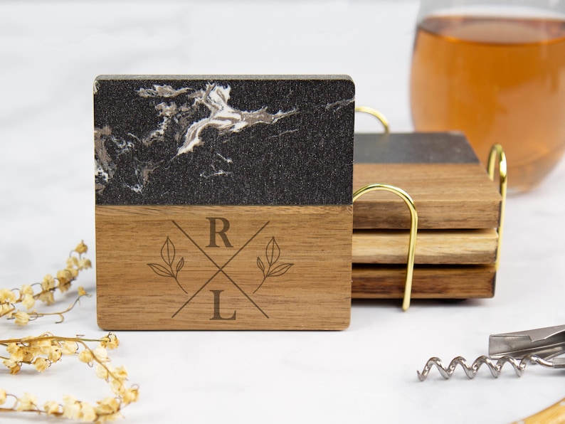 Personalized Marble Coasters, Wooden Coasters With Holder, Birthday Gift for Her, Custom Coasters Set, Engagement Gift, Wedding Coasters image 6