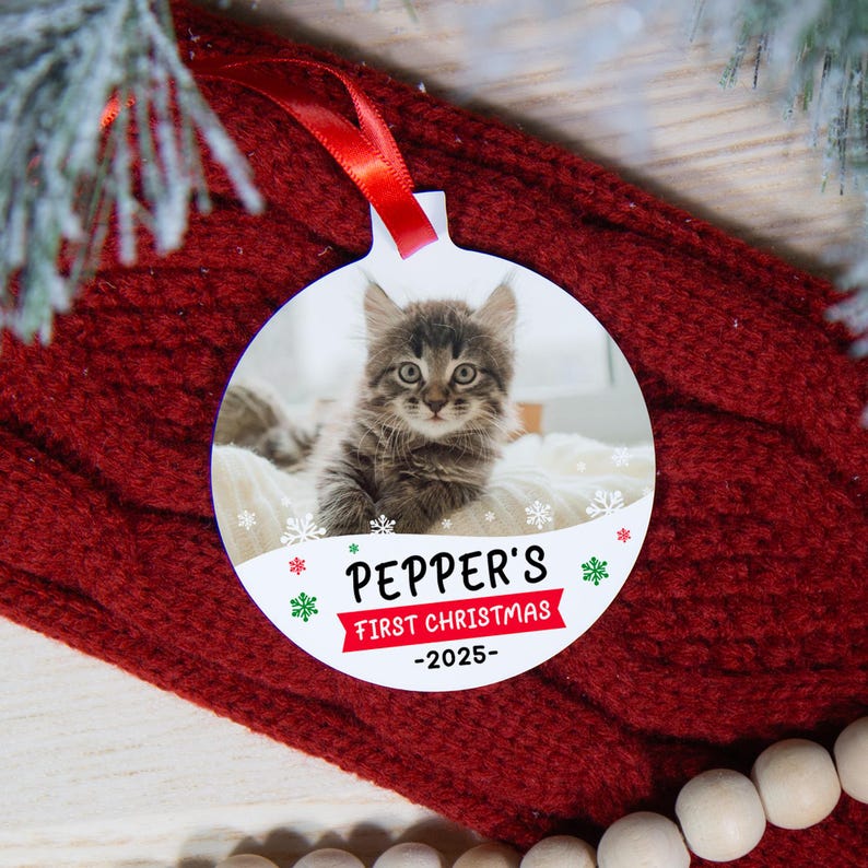Première décoration de Noël pour chat, Décoration de Noël personnalisée pour chat, Première décoration de Noël pour animaux de compagnie, Décoration photo de chat, Cadeau pour papa chat pour les amoureux des chats image 1