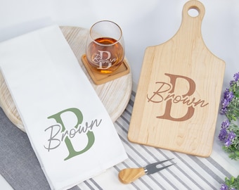 Personalized Cutting Board Gift Set, Wedding Gifts for the Couple, Etched Wine Glass, Tea Towel Bridal Shower Gift, Custom Cutting Board