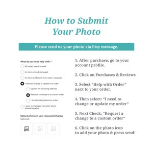 Peut inclure: Un guide &eacute;tape par &eacute;tape sur la fa&ccedil;on de soumettre une photo via un message Etsy. Le guide comprend une liste de contr&ocirc;le des options pour lesquelles vous avez besoin d'aide, telles que la mise &agrave; jour de votre adresse de livraison ou la demande d'une modification d'une commande personnalis&eacute;e. Il comprend &eacute;galement des instructions sur la fa&ccedil;on de t&eacute;l&eacute;charger des photos de votre changement demand&eacute;.