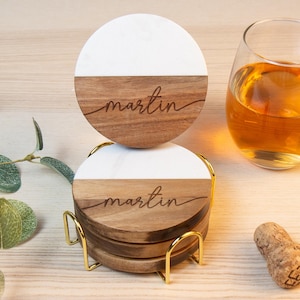 Marble and Wood Coasters Personalized Housewarming Gift, Realtor Closing Gift, Custom Coasters Set With Holder, Wedding Gift for Couple