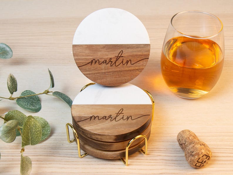 Marble and Wood Coasters Personalized Housewarming Gift, Realtor Closing Gift, Custom Coasters Set With Holder, Wedding Gift for Couple