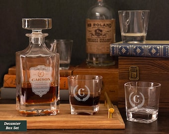 Custom Decanter and Glasses Set, Personalized Whiskey Decanter Set With Box, Custom Birthday Gift For Dad Gifts, Engraved Decanter Set