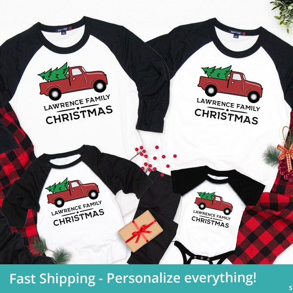 Family Christmas Pjs With Truck and Tree, Matching Family Christmas Pajamas Personalized, Christmas PJs Family Set, Custom Holiday Pajamas