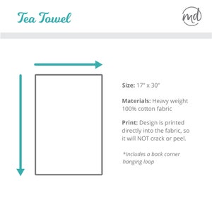 Puede incluir: Una toalla de t&eacute; blanca con un contorno gris, que mide 43 cm por 76 cm. El texto "Tea Towel" est&aacute; en la parte superior de la imagen. El texto "Size: 17" x 30"" est&aacute; en la esquina inferior derecha. El texto "Materials: Heavy weight 100% cotton fabric" est&aacute; debajo del texto del tama&ntilde;o. El texto "Print: Design is printed directly into the fabric, so it will NOT crack or peel." est&aacute; debajo del texto de los materiales. El texto "*Includes a back corner hanging loop" est&aacute; debajo del texto de impresi&oacute;n.
