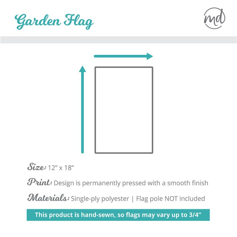 May include: A white garden flag with a gray border, measuring 12 inches by 18 inches. The text "Size: 12" x 18"" is printed below the flag. The text "Print: Design is permanently pressed with a smooth finish" is printed below the size information. The text "Materials: Single-ply polyester | Flag pole NOT included" is printed below the print information. The text "This product is hand-sewn, so flags may vary up to 3/4"" is printed below the materials information.