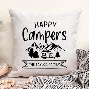 Happy Campers Pillow Personalized, Camper Decor Custom Pillow, Personalized RV Pillow, Happy Camper Pillow Cover, Travel Trailer Accessories