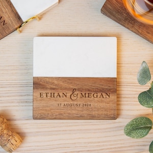 Personalized Marble Coasters, Wooden Coasters With Holder, Birthday Gift for Her, Custom Coasters Set, Engagement Gift, Wedding Coasters image 7