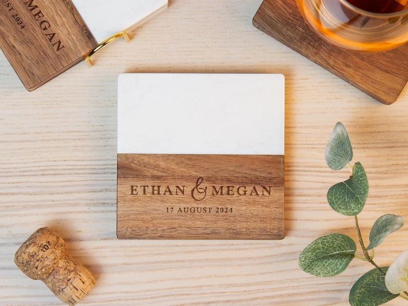 Personalized Marble Coasters, Wooden Coasters With Holder, Birthday Gift for Her, Custom Coasters Set, Engagement Gift, Wedding Coasters image 7
