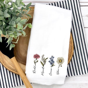 Birth Month Flower Tea Towel For Mom, Birth Flowers With Names, Mimi Gifts From Grandkids, Grandmas Garden Towel, Nana Birthday Gift TOW-037