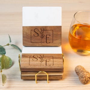 Personalized Marble Coasters, Wooden Coasters With Holder, Birthday Gift for Her, Custom Coasters Set, Engagement Gift, Wedding Coasters