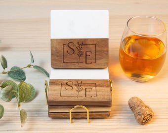 Personalized Marble Coasters, Wooden Coasters With Holder, Birthday Gift for Her, Custom Coasters Set, Engagement Gift, Wedding Coasters