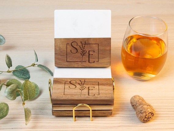 Personalized Marble Coasters, Wooden Coasters With Holder, Birthday Gift for Her, Custom Coasters Set, Engagement Gift, Wedding Coasters