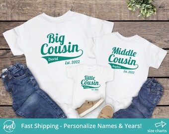 Cousin Set of Three Shirts, Big Cousin, Middle Cousin, Little Cousin, Cousin Shirts, You Choose the Names, Colors, and Dates!
