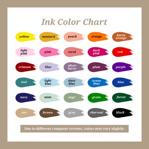 Puede incluir: Carta de colores de tinta con 25 muestras de colores. Los colores est&aacute;n dispuestos en filas y columnas, con los nombres de los colores impresos debajo de cada muestra. Los colores incluyen amarillo, mostaza, melocot&oacute;n, naranja, naranja quemado, rosa claro, rosa, coral, rosa oscuro, rojo, carmes&iacute;, lila, baya plateada, ciruela, morado, azul verdoso, azul claro, azul pizarra, azul oc&eacute;ano, azul, azul marino, menta, salvia, verde, bosque, marr&oacute;n, marr&oacute;n, gris, carb&oacute;n vegetal y negro.