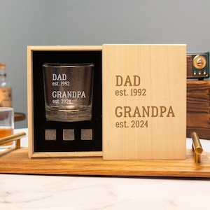 Grandpa Gift Personalized Whiskey Glass, Pregnancy Reveal Grandparents Pregnancy Announcement, Whiskey Gift Set, Gift For Grandpa Est 2025