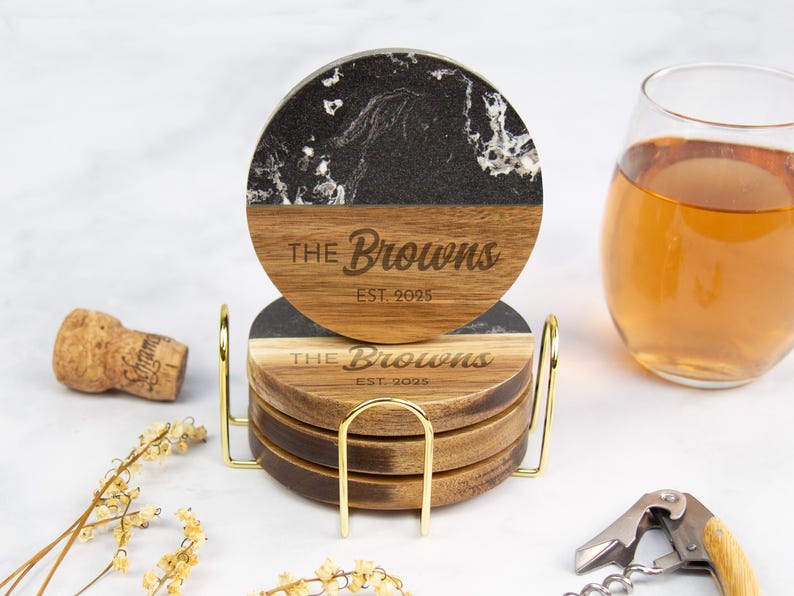 Personalized Marble Coasters, Wooden Coasters With Holder, Birthday Gift for Her, Custom Coasters Set, Engagement Gift, Wedding Coasters image 8