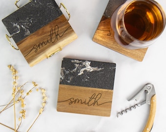 Custom Marble and Wood Coasters, Personalized Coasters Set With Holder, Housewarming Gift, Wedding Gift for Couple, Realtor Closing Gift