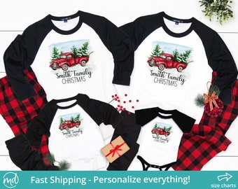 Buffalo Plaid Christmas Pajamas Family, Red Truck Christmas Pajamas, Personalized Family Christmas Pajamas, Christmas Tree Pajamas