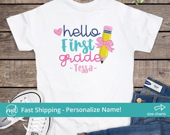 Hello First Grade Shirt For Girls, First Day Of 1st Grade Shirt Girl, Personalized Back To School Shirt, Girls  First Day of School Shirt