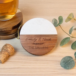 Personalized Marble Coasters, Wooden Coasters With Holder, Birthday Gift for Her, Custom Coasters Set, Engagement Gift, Wedding Coasters image 4