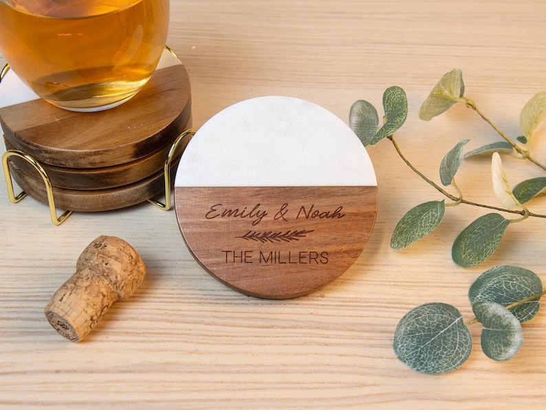 Personalized Marble Coasters, Wooden Coasters With Holder, Birthday Gift for Her, Custom Coasters Set, Engagement Gift, Wedding Coasters image 4