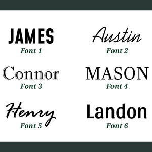 May include: Image showing six different fonts, each with a name written in the font. The fonts are labeled "Font 1" through "Font 6". The names are "JAMES", "Austin", "Connor", "MASON", "Henry", and "Landon".