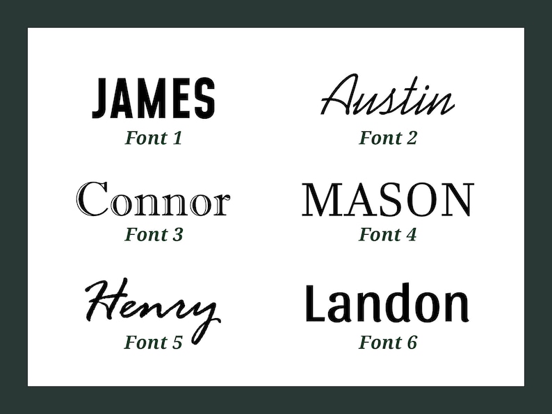 May include: Image showing six different fonts, each with a name written in the font. The fonts are labeled "Font 1" through "Font 6". The names are "JAMES", "Austin", "Connor", "MASON", "Henry", and "Landon".
