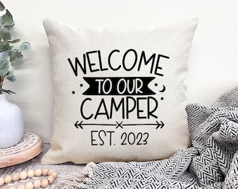 Welcome To Our Camper Throw Pillow, Personalized Camping Gift For Couples, Camping Decoration For RV,  Decor For Camper, RV Gift For Couples