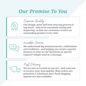 May include: Our Promise To You: A graphic with three sections highlighting superior quality, incredible service, and fast delivery. Each section features a relevant icon and a brief description of the company's commitment to customer satisfaction.