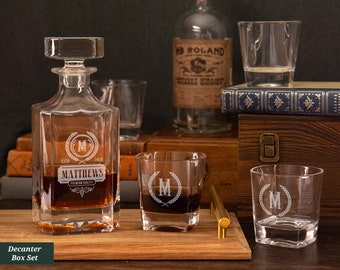 Personalized Whiskey Decanter Set With Box, Handmade Barware and Glassware, Custom Whiskey Decanter Wedding Gift Unique Gifts For Couple