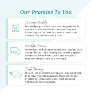 May include: Our Promise To You: A graphic with three sections highlighting superior quality, incredible service, and fast delivery. Each section features a relevant icon and a brief description of the company's commitment to customer satisfaction.
