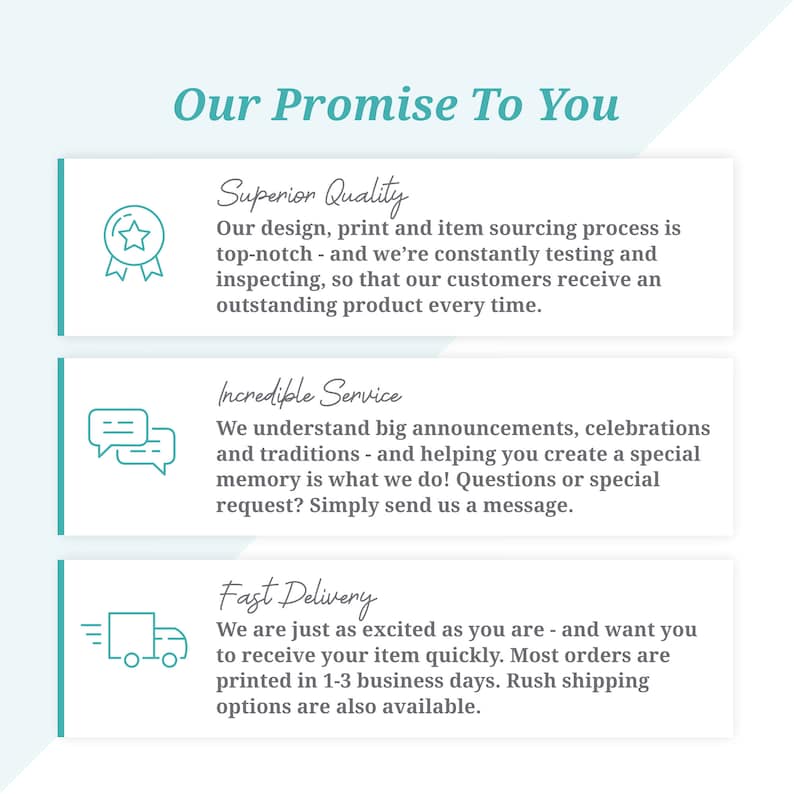 May include: Our Promise To You: A graphic with three sections highlighting superior quality, incredible service, and fast delivery. Each section features a relevant icon and a brief description of the company's commitment to customer satisfaction.